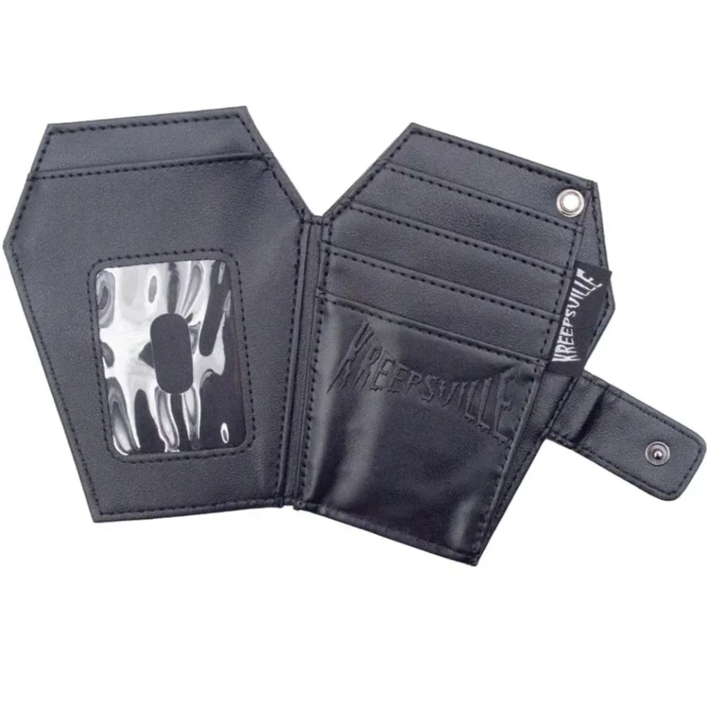 Coffin Shape Black RIP Bat Bi-Fold Wallet Vegan Leather Chain Hole Snap NWT
